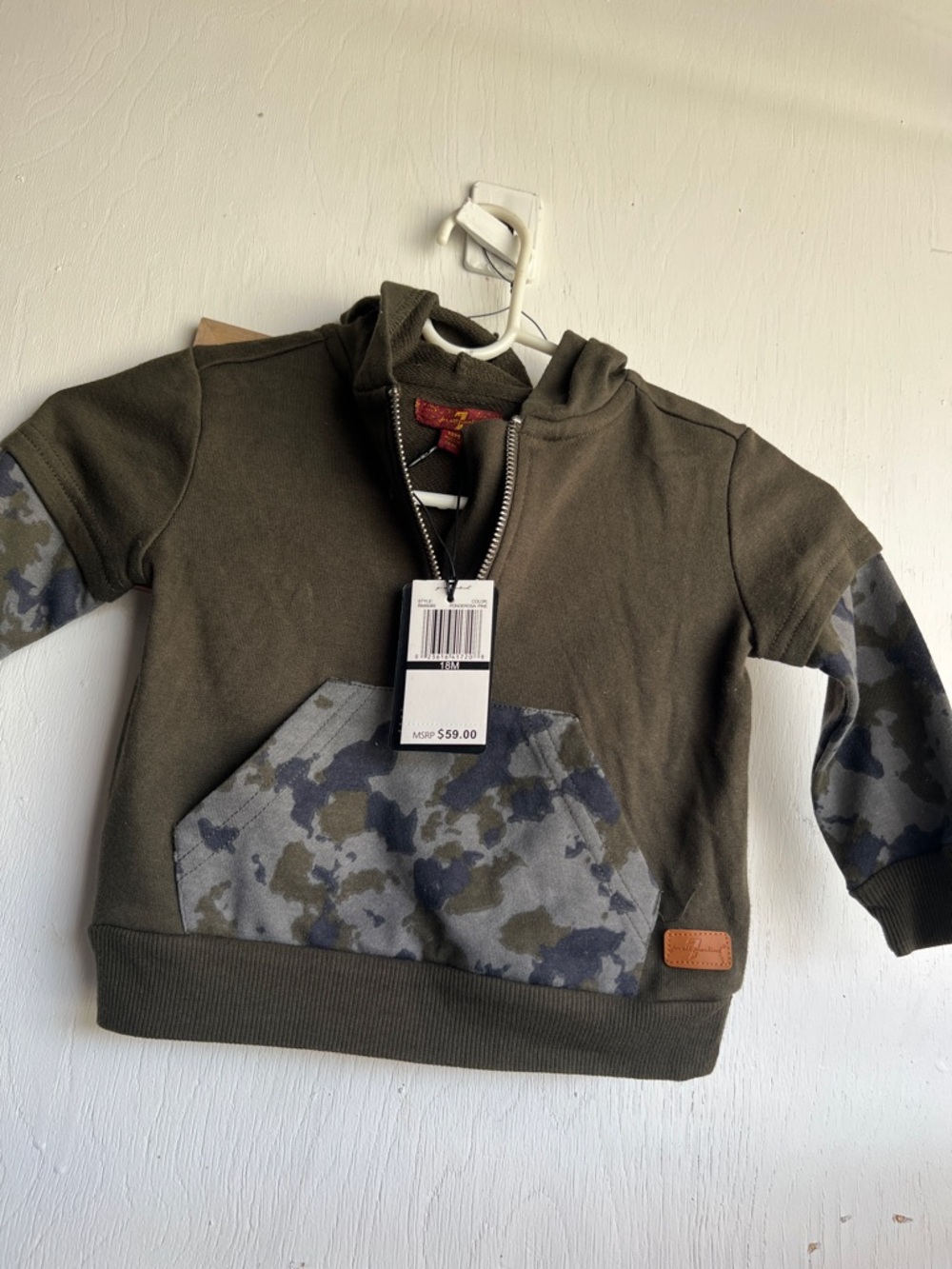 7 For All Mankind Kids Olive Hoodie with Camo Pocket & Sleeve Panels